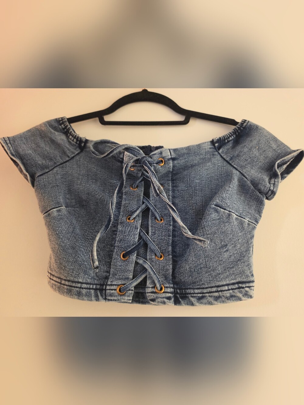 Denim Lace-Up Crop Top - Blue